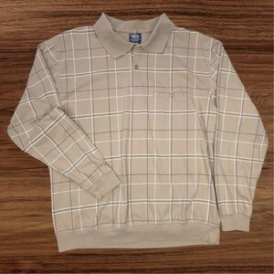 John Blair Vintage Men’s Tan Check Pattern L/S Polo Shirt. Banded Waist. Large
